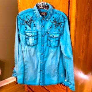 Buckle teal blue dress shirt with dark grey design. Medium